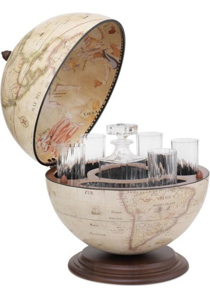 Zoffoli Giove Antik Beyaz Masaüstü Atlas Küre Bar Ahşap Dekoratif Mini Bar ve Içki Dolabı 40 cm