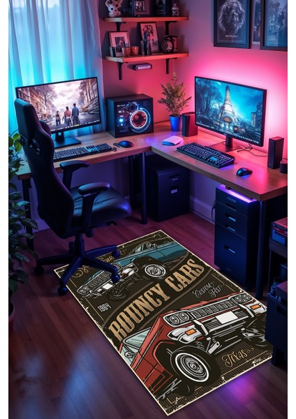 Anitika Araç Desenli Kaymaz Taban Makinede Yıkanabilir Gaming Oyuncu Gamer Genç Odası Halısı