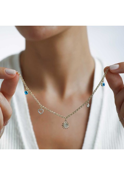 Taşlı Güneş Kalp Charm Bileklik