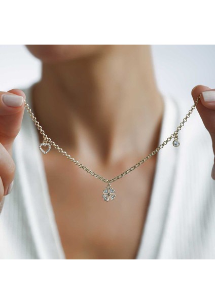 Taşlı Yonca Kalp Charm Bileklik