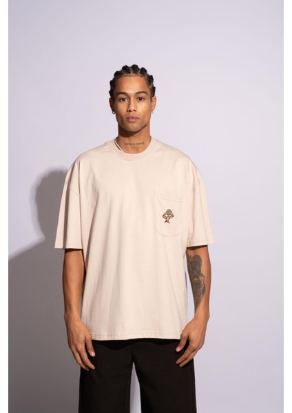 Erkek Oversize T-Shirt Mantar Bej