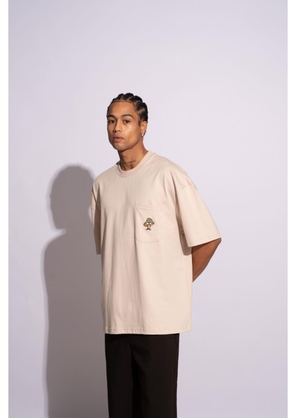 Erkek Oversize T-Shirt Mantar Bej modelleri