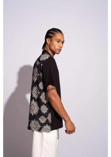 Erkek Kısa Kollu Oversize Gömlek Arka Tam Mandela Siyah