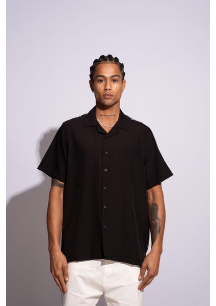 Erkek Kısa Kollu Oversize Gömlek Arka Tam Mandela Siyah fiyatları