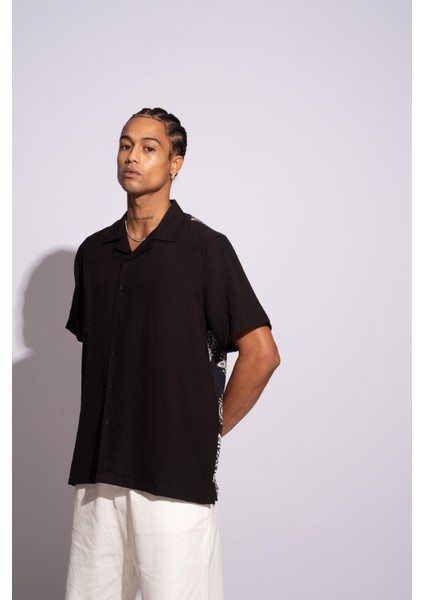 Erkek Kısa Kollu Oversize Gömlek Arka Tam Mandela Siyah fırsatları