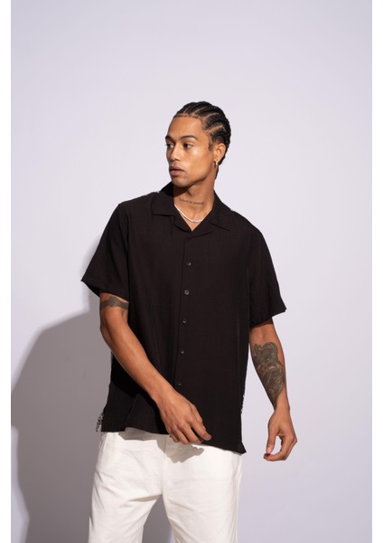 Erkek Kısa Kollu Oversize Gömlek Arka Tam Mandela Siyah indirimleri