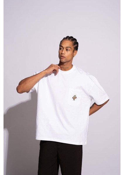 Erkek Oversize T-Shirt Mantar Beyaz