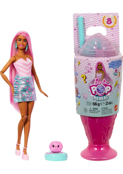 ® Barbie Pop Reveal™ Bebek Barbie Pop Reveal Atıştırmalık Serisi Bebek ve Aksesuar Seti, Lolipop Düşkünü Şeker Kız ve Evcil Hayvanı JFY62