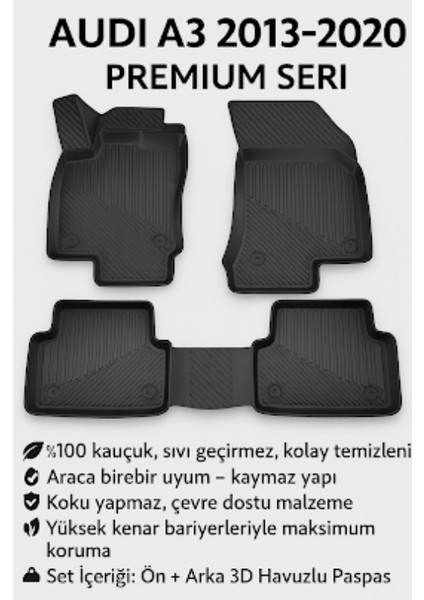 Audi Q3 2018+ 3D Havuzlu Oto Paspas – Kauçuk, Koku Yapmaz, Kaymaz Taban, Araca Özel