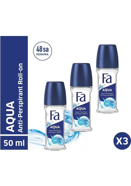 Aqua Roll-On 50 ml Deodorant - 3 Adet 48 Saat Kalıcı Okyanus Ferahlığı