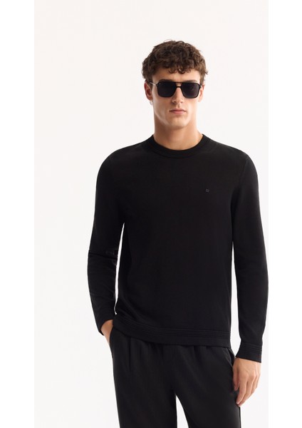 Erkek Siyah Bisiklet Yaka Rayon Karışımlı Tüylenmeyen Triko Regular Fit Kazak A52Y5001