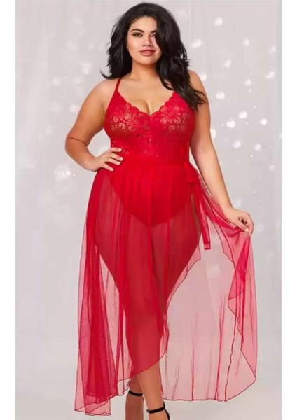Kırmızı Fantezi Dantel Detaylı Büyük Beden Elbise