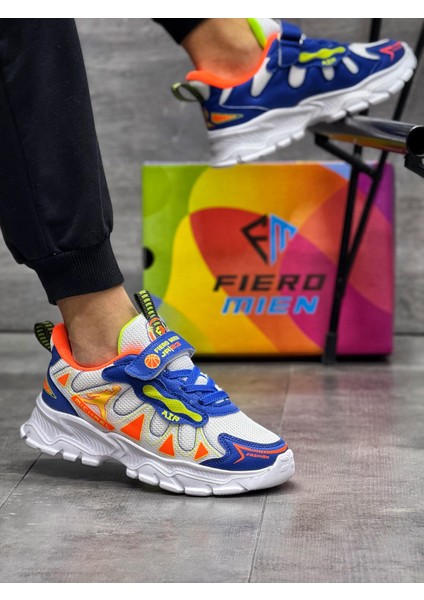 Unisex Bantlı Faylon Taban Çocuk Spor Ayakkabı-Beyaz-Sax