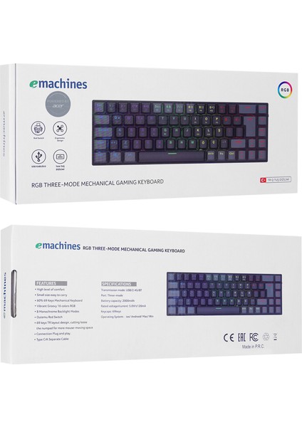Emachines EAK68 Plus Kablosuz Bluetooth + 2.4ghz Mekanik Klavye Rgb Red 68 Tuşlu Oyuncu Klavyesi Syh