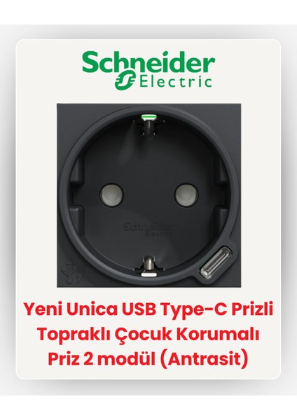 Electric Yeni Unica USB Type-C Prizli Topraklı Çocuk Korumalı Priz 2 Modül (Antrasit) NU301754