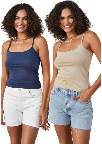 Indigo Bej 2'li Ince Ip Askılı Pamuklu Basic Atlet 27274