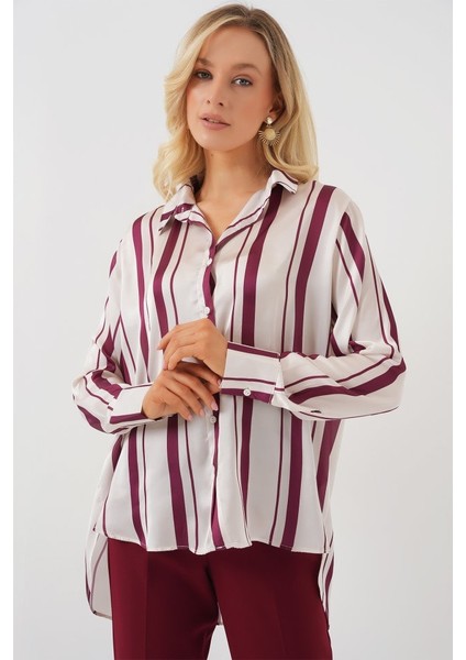 Çizgili Uzun Saten Gömlek 20291 - Bordo