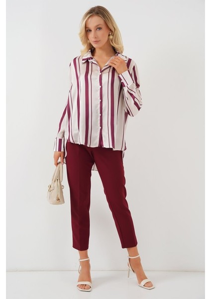 Çizgili Uzun Saten Gömlek 20291 - Bordo fiyatları