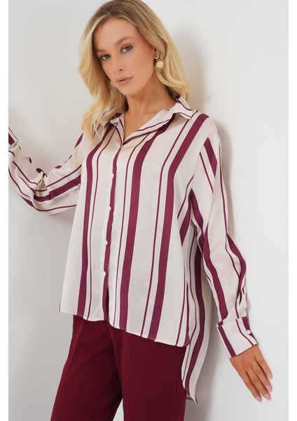 Çizgili Uzun Saten Gömlek 20291 - Bordo modelleri