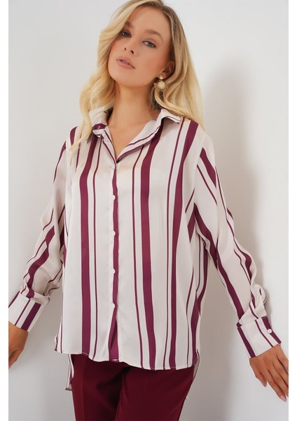 Çizgili Uzun Saten Gömlek 20291 - Bordo fırsatları