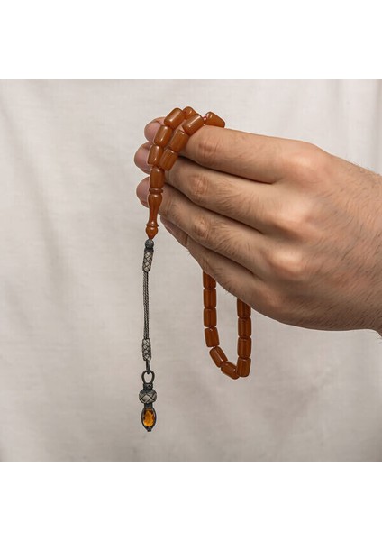 Sıkma Kehribar Kazaz Püsküllü 1000 Ayar Gümüş Tesbih