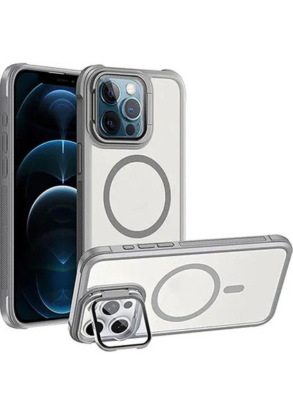 iPhone 12 Pro Max Uyumlu Standlı Kamera Kısmı Cam Korumalı Arkası Mat Renkli Magsafe Kılıf