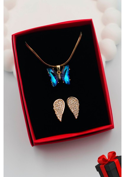 316L Çelik Kadın Kelebek Kolye ve Taşlı Melek Yüzük Set (Kutulu)