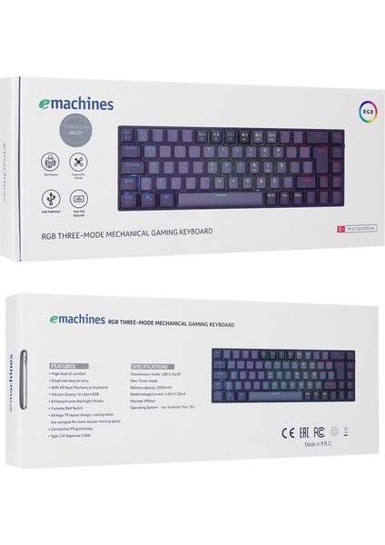Emachines EAK68 Plus Kablosuz Bluetooth + 2.4ghz Mekanik Klavye Rgb Red 68 Tuşlu Oyuncu Klavyesi Gri