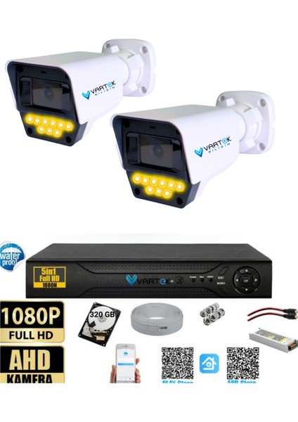 2 Kameralı Set - 320 GB Hdd, 9 LED Gece Görüşlü Full Hd Güvenlik Kamerası Sistemi