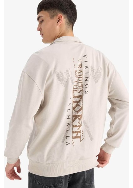 Vikings Valhalla Boxy Fit Fermuarlı Sırt Baskılı Taş Erkek Sweatshirt E9298AX/BG766