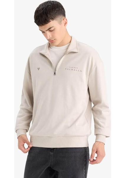 Vikings Valhalla Boxy Fit Fermuarlı Sırt Baskılı Taş Erkek Sweatshirt E9298AX/BG766 fırsatları