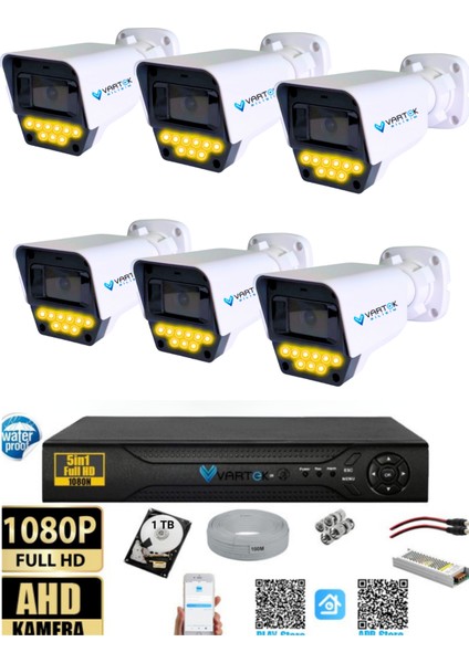 6 Kameralı Set - 1 Tb Hdd, 9 LED Gece Görüşlü Full Hd Güvenlik Kamerası Sistemi