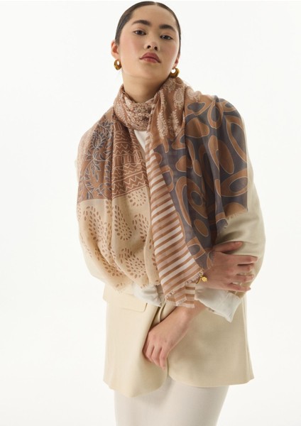 Adalie Etnik Çiçek Desen Bej Pamuklu Şal fiyatları