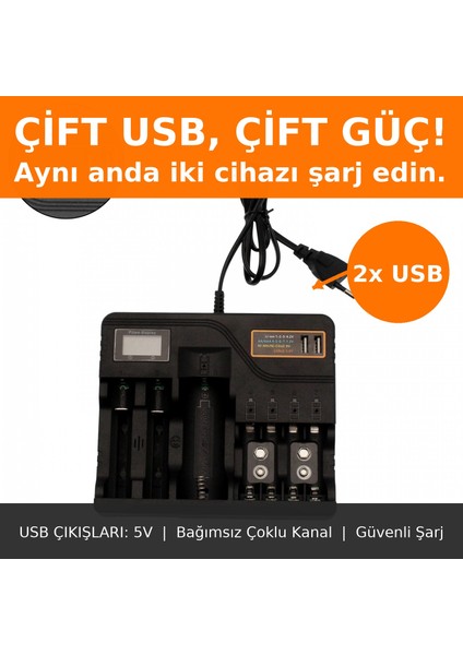Li-Ion Pil Şarj Cihazı Akıllı LCD Ekran, Hızlı Şarj, Çoklu Pil Desteği (AA/AAA/9V, 18650, 21700, 26650)