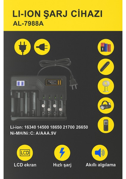 Li-Ion Pil Şarj Cihazı Akıllı LCD Ekran, Hızlı Şarj, Çoklu Pil Desteği (AA/AAA/9V, 18650, 21700, 26650) fiyatları