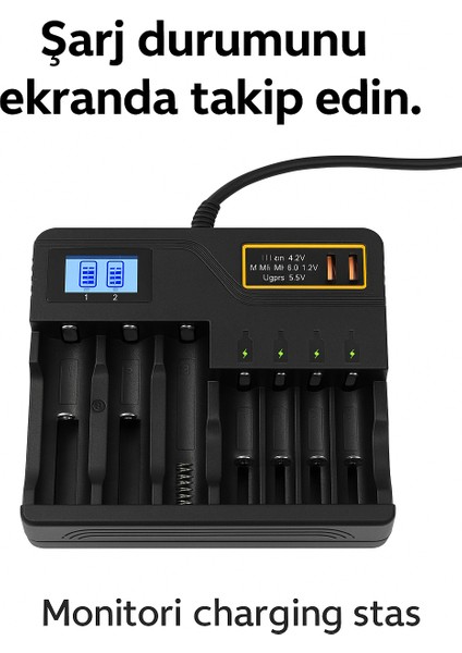 Li-Ion Pil Şarj Cihazı Akıllı LCD Ekran, Hızlı Şarj, Çoklu Pil Desteği (AA/AAA/9V, 18650, 21700, 26650) modelleri