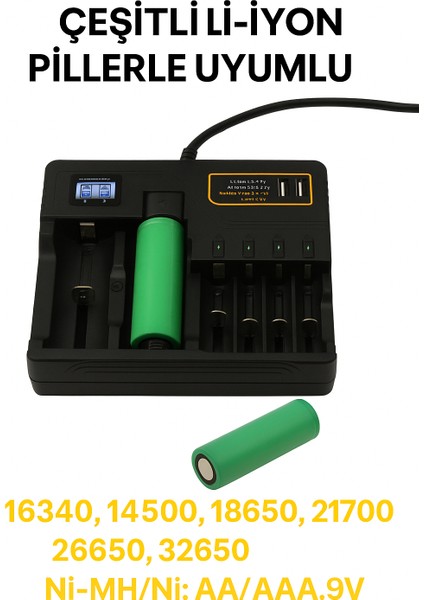 Li-Ion Pil Şarj Cihazı Akıllı LCD Ekran, Hızlı Şarj, Çoklu Pil Desteği (AA/AAA/9V, 18650, 21700, 26650) fırsatları