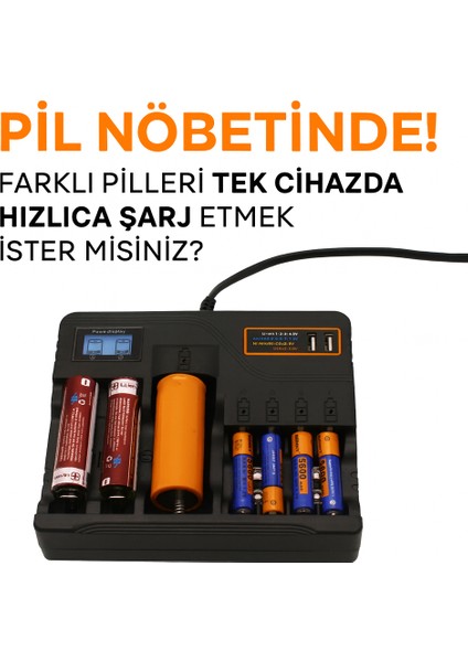 Li-Ion Pil Şarj Cihazı Akıllı LCD Ekran, Hızlı Şarj, Çoklu Pil Desteği (AA/AAA/9V, 18650, 21700, 26650) indirimleri