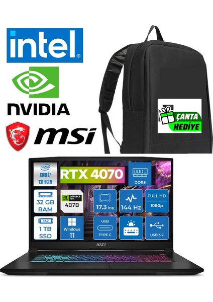 Msı Katana 17 B13VGK-1040XTR I7-13620H 32 GB 1 Tb SSD RTX4070 17.3" Full Hd Gaming Laptop