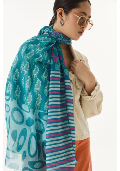 Adalie Etnik Çiçek Desen Turkuaz Pamuklu Şal