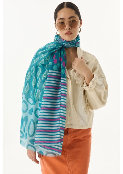 Adalie Etnik Çiçek Desen Turkuaz Pamuklu Şal fiyatları