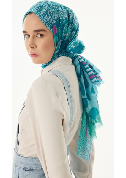 Adalie Etnik Çiçek Desen Turkuaz Pamuklu Şal modelleri