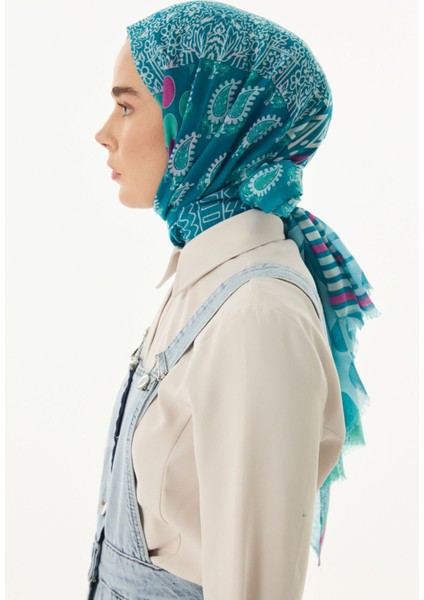 Adalie Etnik Çiçek Desen Turkuaz Pamuklu Şal fırsatları
