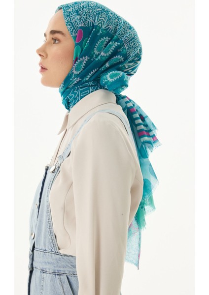 Adalie Etnik Çiçek Desen Turkuaz Pamuklu Şal indirimleri