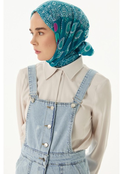 Adalie Etnik Çiçek Desen Turkuaz Pamuklu Şal