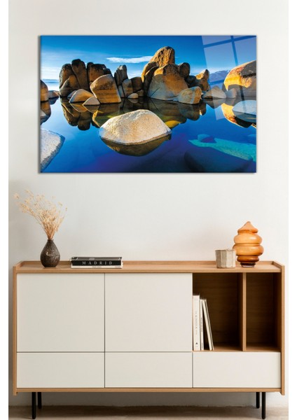 Kaya Deniz Yansıması Doğa Manzarası Cam Tablo, Darbelere Dayanıklı Kırılmaz Cam, Hediyelik