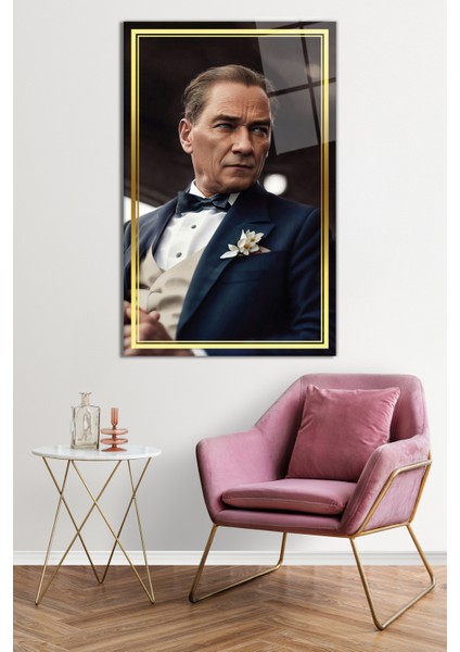 Gold Şeritli Yapay Zeka Atatürk Portresi Cam Tablo, Darbelere Dayanıklı Kırılmaz Cam, Hediyelik fiyatları