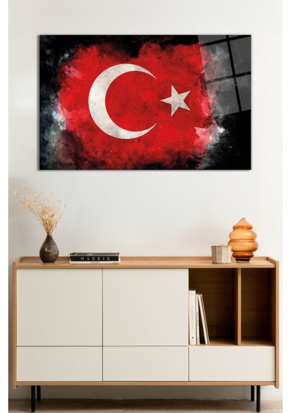 Siyah Fonlu Türk Bayrağı Cam Tablo, Darbelere Dayanıklı Kırılmaz Cam, Hediyelik