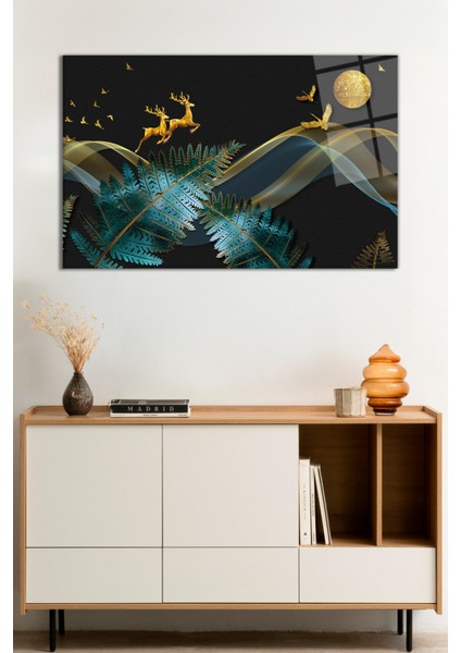 Gold Geyikler ve Kuşlar Cam Tablo, Darbelere Dayanıklı Kırılmaz Cam, Hediyelik