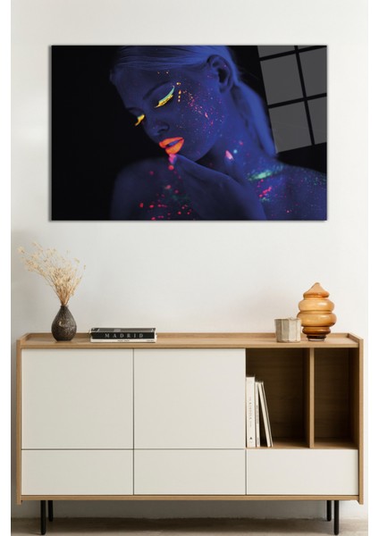 Rengarenk Parıltılı Mavi Kadın Portresi Cam Tablo, Darbelere Dayanıklı Kırılmaz Cam, Hediyelik